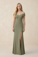Off - the - Shoulder Sheath Matte Satin Bridesmaid Dress in Thyme - KissProm Bridesmaid Dresses