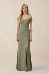 Off - the - Shoulder Sheath Matte Satin Bridesmaid Dress in Thyme - KissProm Bridesmaid Dresses