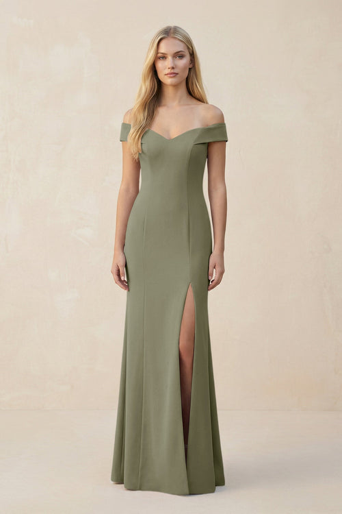 Off - the - Shoulder Sheath Matte Satin Bridesmaid Dress in Thyme - KissProm Bridesmaid Dresses