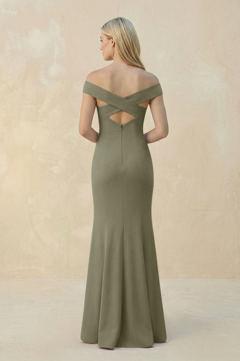 Off - the - Shoulder Sheath Matte Satin Bridesmaid Dress in Thyme - KissProm Bridesmaid Dresses