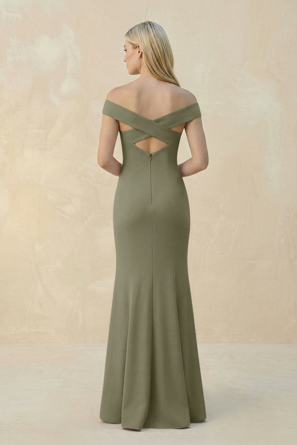 Off - the - Shoulder Sheath Matte Satin Bridesmaid Dress in Thyme - KissProm Bridesmaid Dresses