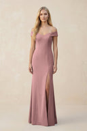 Off - the - Shoulder Sheath Matte Satin Bridesmaid Dress in Toffee - KissProm Bridesmaid Dresses