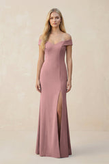 Off - the - Shoulder Sheath Matte Satin Bridesmaid Dress in Toffee - KissProm Bridesmaid Dresses
