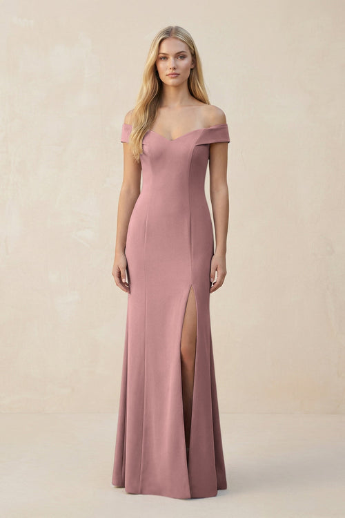 Off - the - Shoulder Sheath Matte Satin Bridesmaid Dress in Toffee - KissProm Bridesmaid Dresses