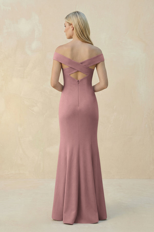 Off - the - Shoulder Sheath Matte Satin Bridesmaid Dress in Toffee - KissProm Bridesmaid Dresses
