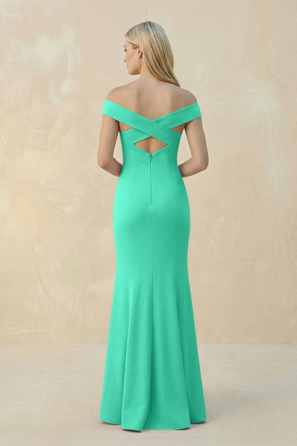 Off - the - Shoulder Sheath Matte Satin Bridesmaid Dress in Turquoise - KissProm Bridesmaid Dresses