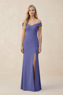 Off - the - Shoulder Sheath Matte Satin Bridesmaid Dress in Twilight - KissProm Bridesmaid Dresses