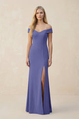 Off - the - Shoulder Sheath Matte Satin Bridesmaid Dress in Twilight - KissProm Bridesmaid Dresses