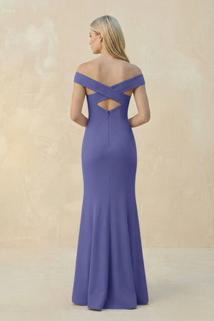 Off - the - Shoulder Sheath Matte Satin Bridesmaid Dress in Twilight - KissProm Bridesmaid Dresses