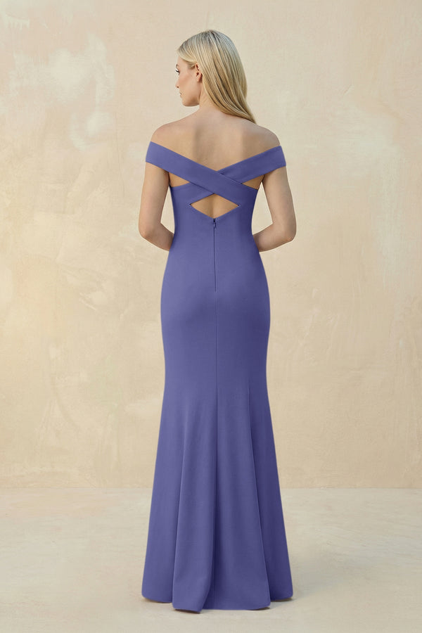 Off - the - Shoulder Sheath Matte Satin Bridesmaid Dress in Twilight - KissProm Bridesmaid Dresses