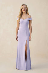 Off - the - Shoulder Sheath Matte Satin Bridesmaid Dress in Vintage Mauve - KissProm Bridesmaid Dresses