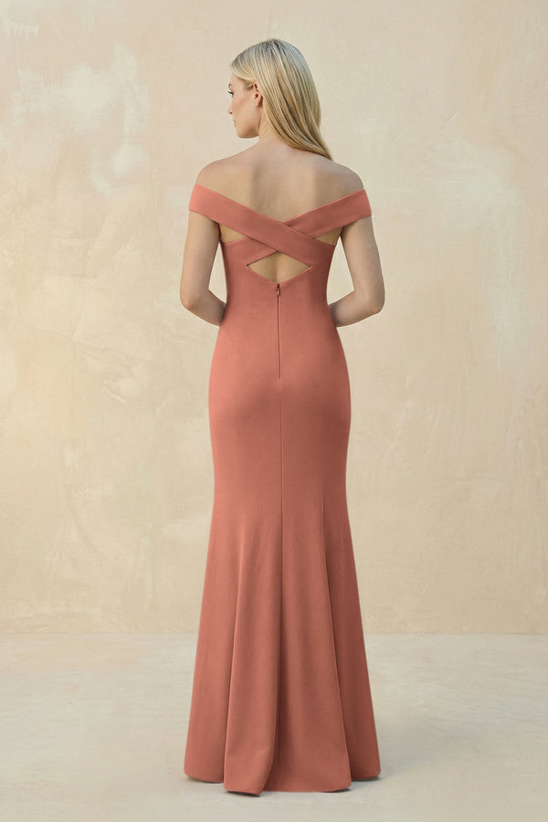 Off - the - Shoulder Sheath Matte Satin Bridesmaid Dress in Wild Rose - KissProm Bridesmaid Dresses