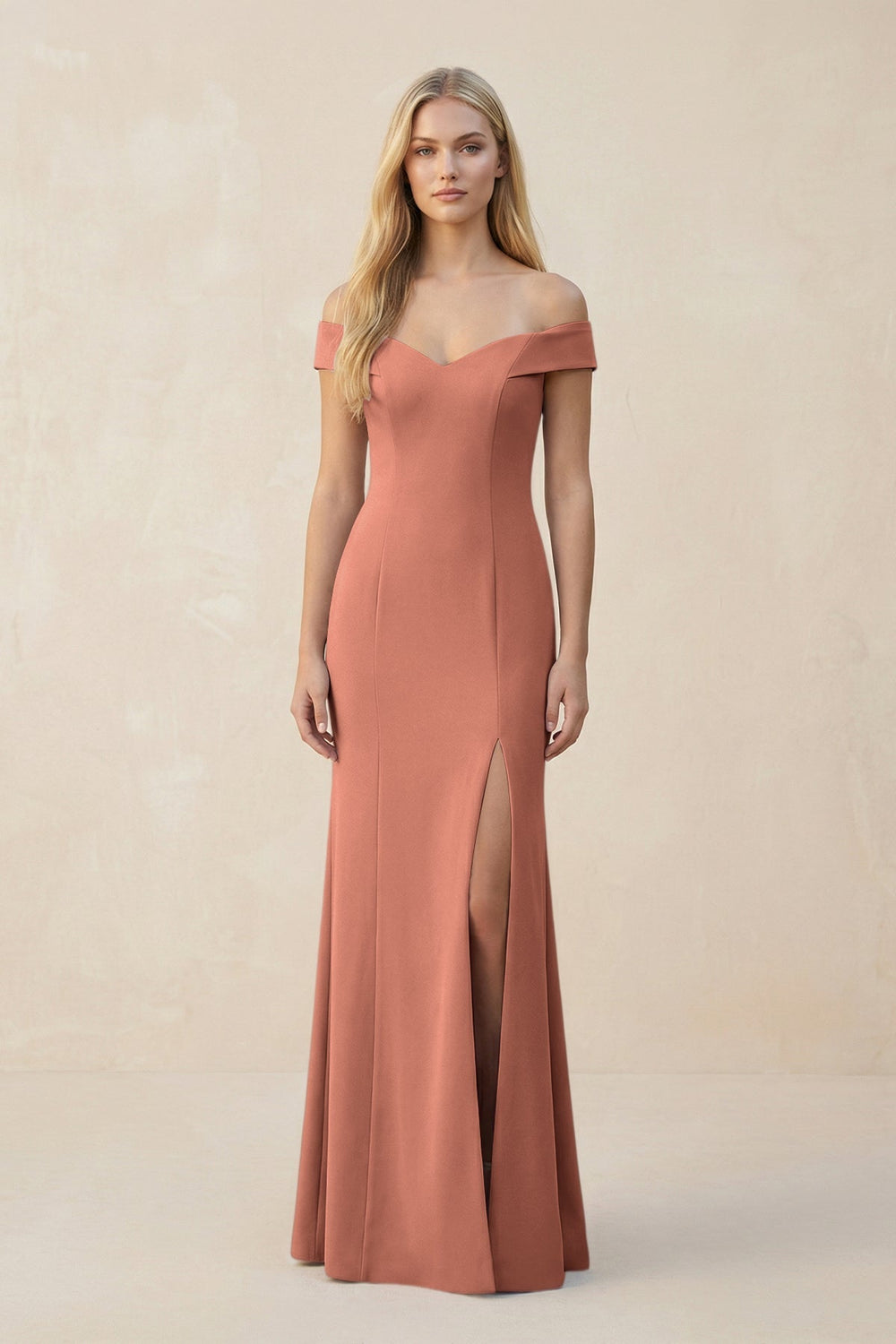 Off - the - Shoulder Sheath Matte Satin Bridesmaid Dress in Wild Rose - KissProm Bridesmaid Dresses