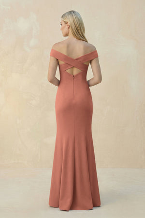Off - the - Shoulder Sheath Matte Satin Bridesmaid Dress in Wild Rose - KissProm Bridesmaid Dresses