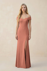 Off - the - Shoulder Sheath Matte Satin Bridesmaid Dress in Wild Rose - KissProm Bridesmaid Dresses