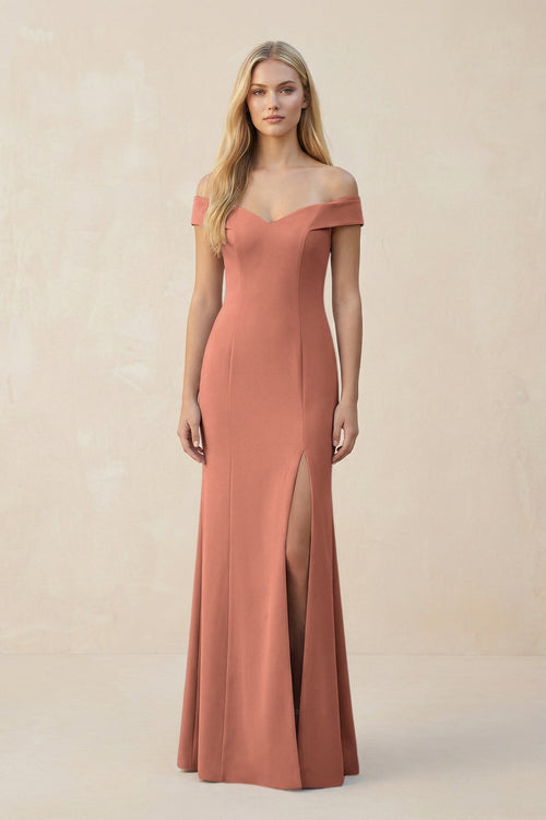 Off - the - Shoulder Sheath Matte Satin Bridesmaid Dress in Wild Rose - KissProm Bridesmaid Dresses