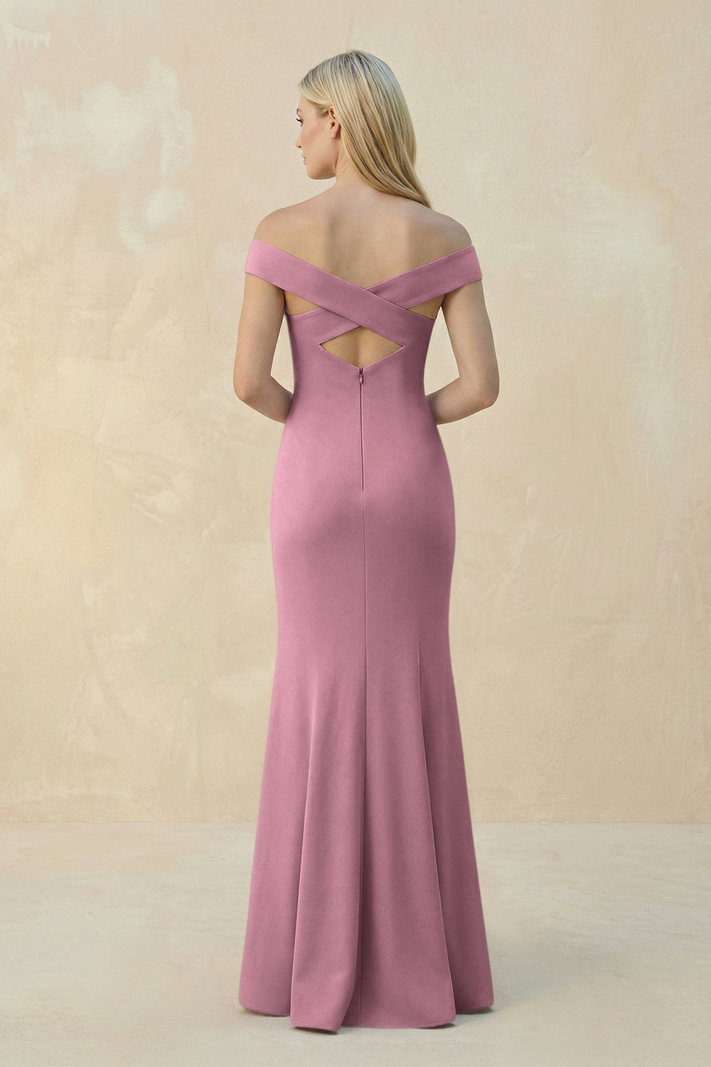 Off - the - Shoulder Sheath Matte Satin Bridesmaid Dress in Wisteria - KissProm Bridesmaid Dresses