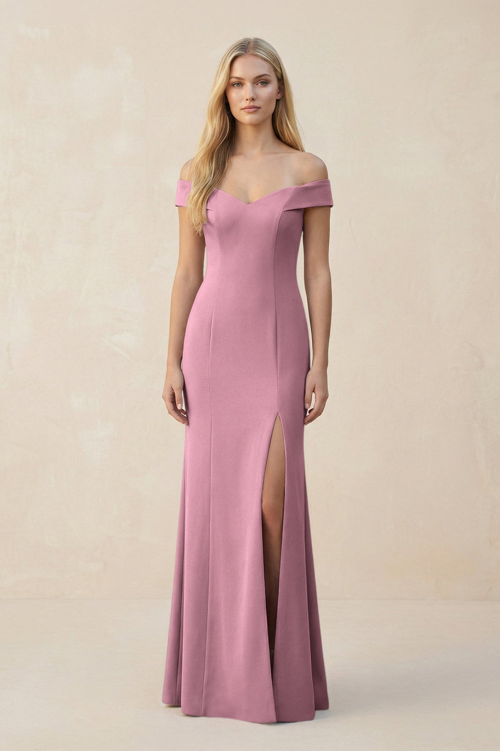 Off - the - Shoulder Sheath Matte Satin Bridesmaid Dress in Wisteria - KissProm Bridesmaid Dresses