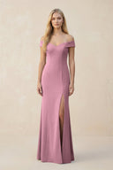 Off - the - Shoulder Sheath Matte Satin Bridesmaid Dress in Wisteria - KissProm Bridesmaid Dresses