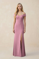 Off - the - Shoulder Sheath Matte Satin Bridesmaid Dress in Wisteria - KissProm Bridesmaid Dresses