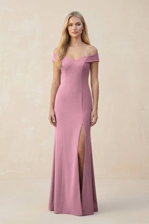 Off - the - Shoulder Sheath Matte Satin Bridesmaid Dress in Wisteria - KissProm Bridesmaid Dresses
