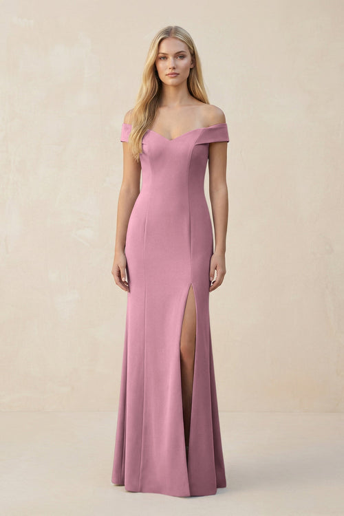 Off - the - Shoulder Sheath Matte Satin Bridesmaid Dress in Wisteria - KissProm Bridesmaid Dresses