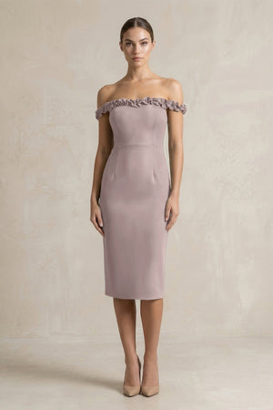 Off - the - Shoulder Sheath Ruffled Midi Bridesmaid Dress in Almond - KissProm Bridesmaid Dresses