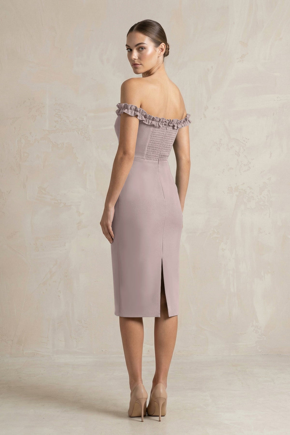 Off - the - Shoulder Sheath Ruffled Midi Bridesmaid Dress in Almond - KissProm Bridesmaid Dresses