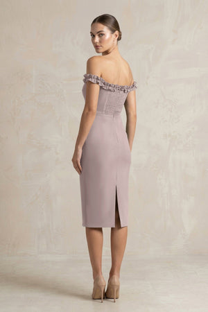 Off - the - Shoulder Sheath Ruffled Midi Bridesmaid Dress in Almond - KissProm Bridesmaid Dresses