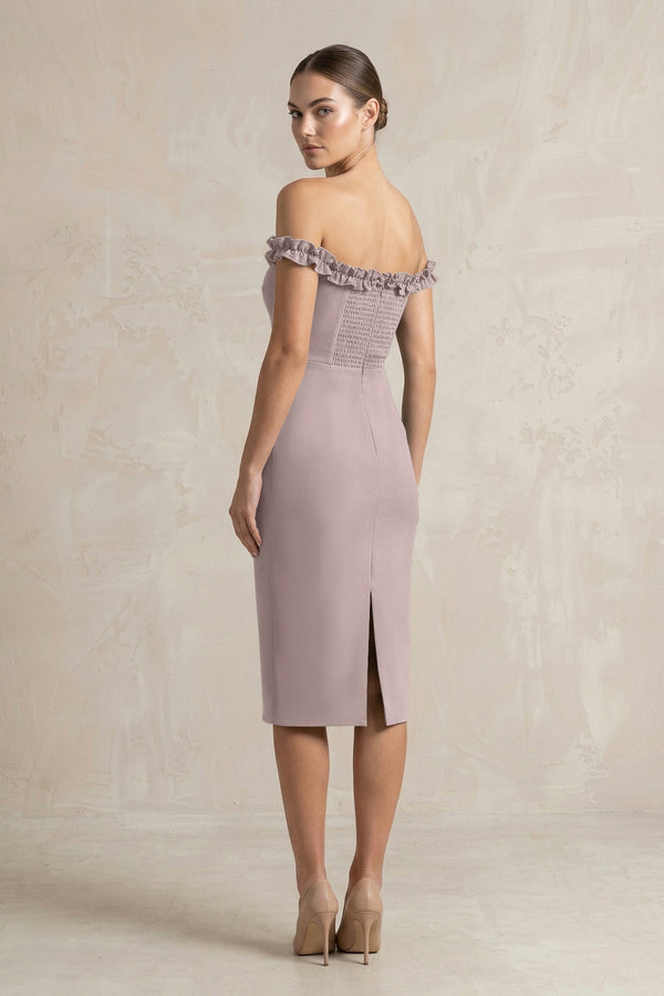 Off - the - Shoulder Sheath Ruffled Midi Bridesmaid Dress in Almond - KissProm Bridesmaid Dresses