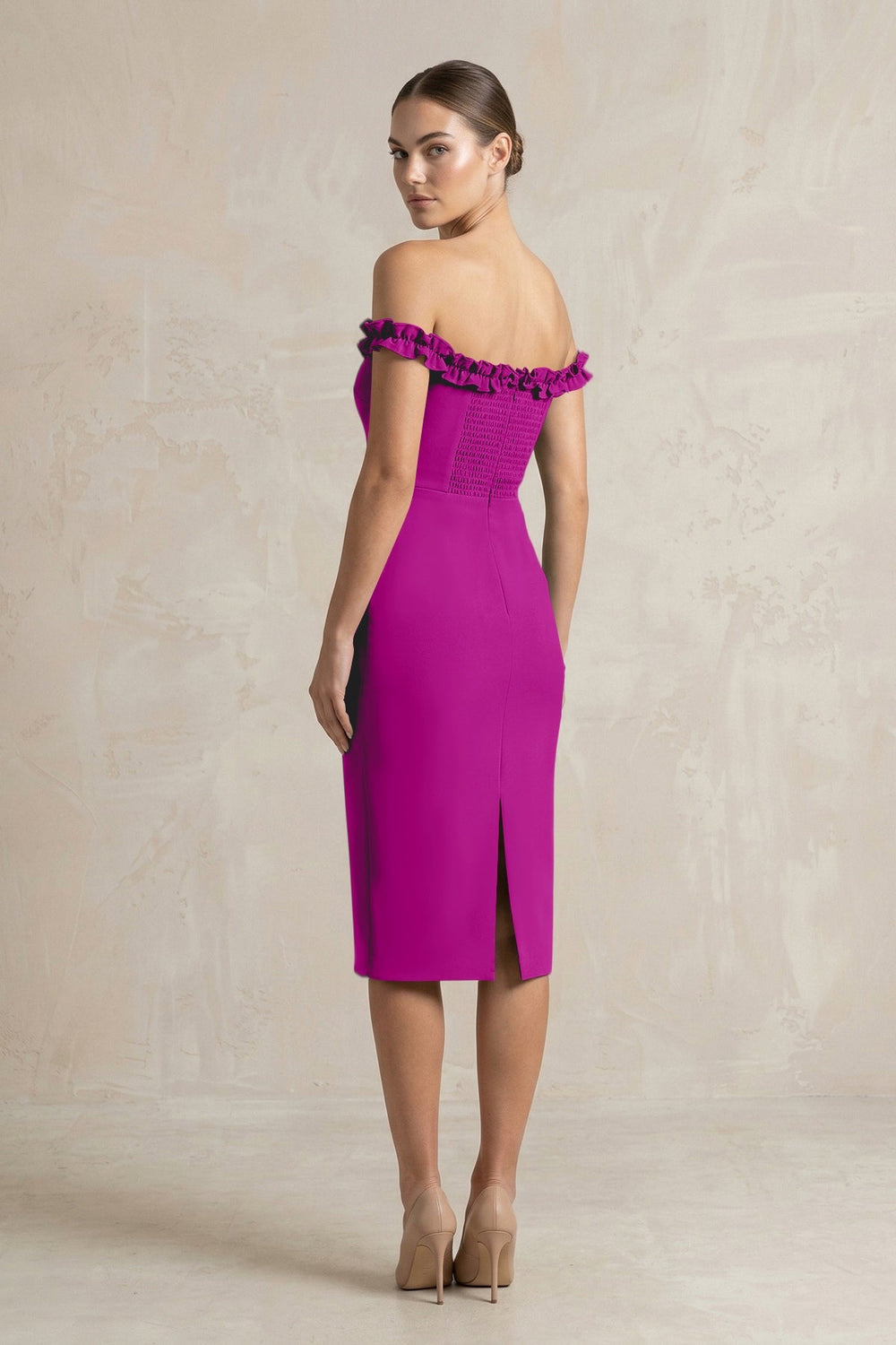 Off - the - Shoulder Sheath Ruffled Midi Bridesmaid Dress in Amethyst - KissProm Bridesmaid Dresses