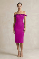 Off - the - Shoulder Sheath Ruffled Midi Bridesmaid Dress in Amethyst - KissProm Bridesmaid Dresses