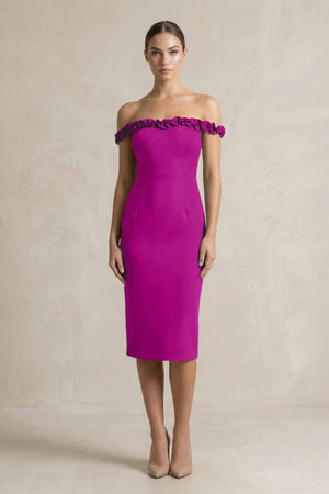 Off - the - Shoulder Sheath Ruffled Midi Bridesmaid Dress in Amethyst - KissProm Bridesmaid Dresses