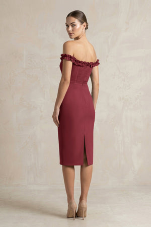 Off - the - Shoulder Sheath Ruffled Midi Bridesmaid Dress in Berry - KissProm Bridesmaid Dresses