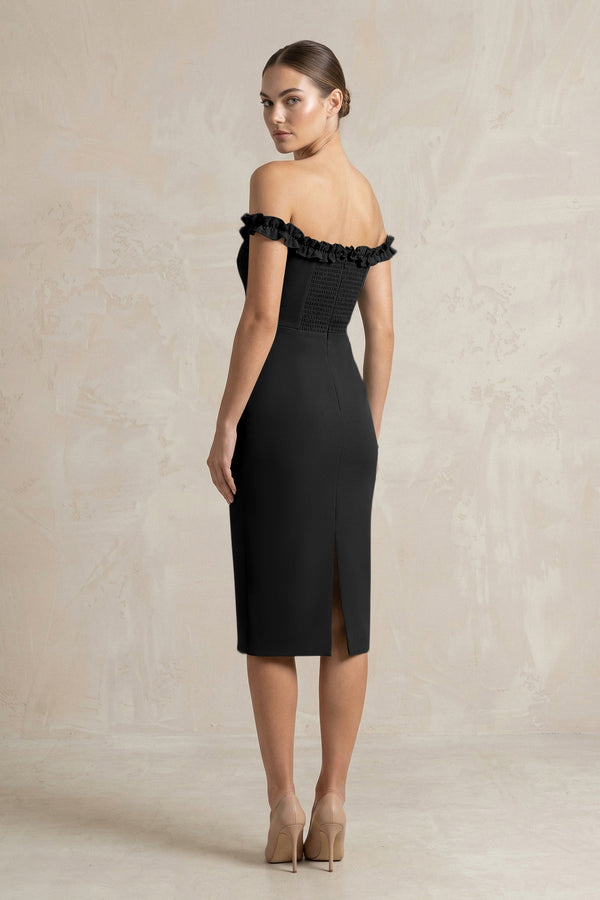 KissProm | Off-the-Shoulder Sheath Ruffled Midi Satin Bridesmaid Dress in Black KissProm | Off-the-Shoulder Sheath Ruffled Midi Satin Bridesmaid Dress in Black