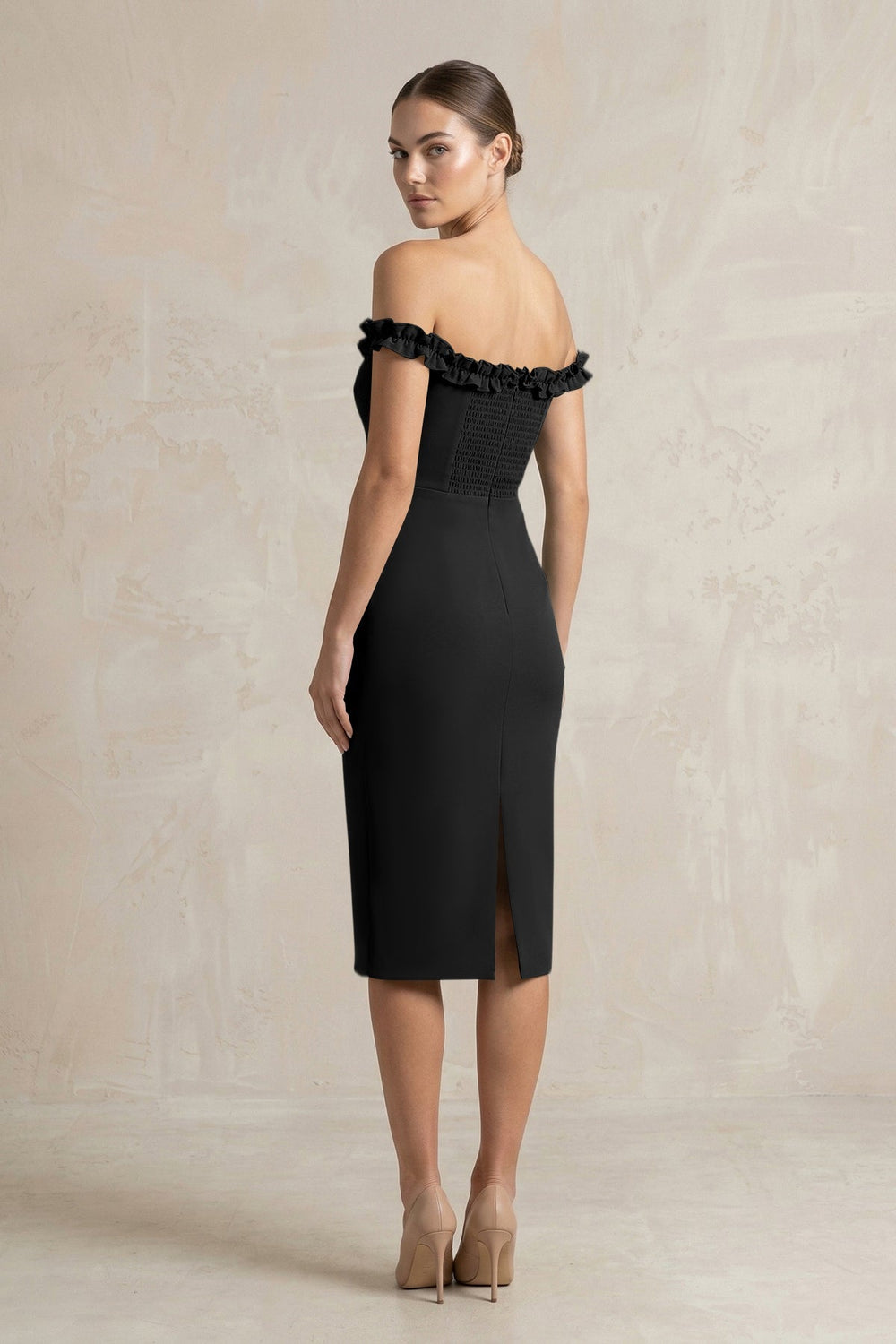 Off - the - Shoulder Sheath Ruffled Midi Bridesmaid Dress in Black - KissProm Bridesmaid Dresses