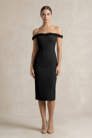 Off - the - Shoulder Sheath Ruffled Midi Bridesmaid Dress in Black - KissProm Bridesmaid Dresses