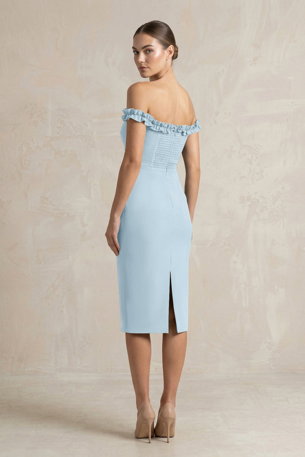 Off - the - Shoulder Sheath Ruffled Midi Bridesmaid Dress in Bleached Aqua - KissProm Bridesmaid Dresses
