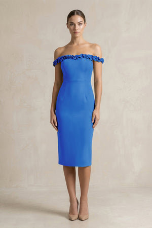 Off - the - Shoulder Sheath Ruffled Midi Bridesmaid Dress in Blue Jay - KissProm Bridesmaid Dresses