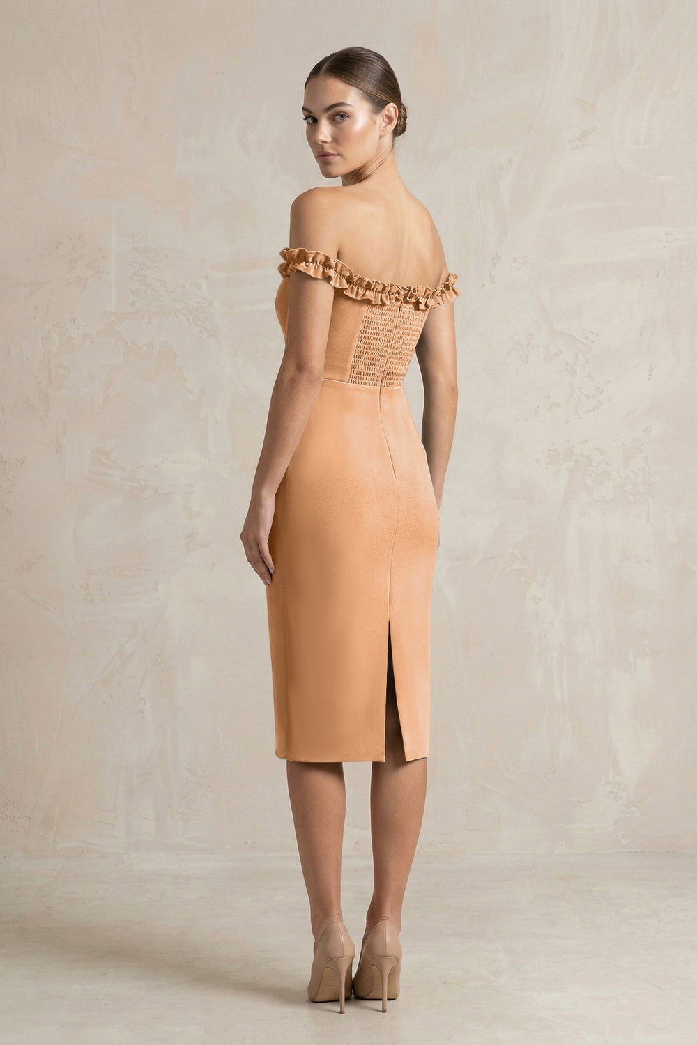 Off - the - Shoulder Sheath Ruffled Midi Bridesmaid Dress in Bronzer - KissProm Bridesmaid Dresses