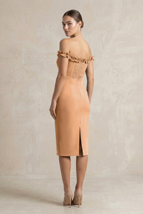 Off - the - Shoulder Sheath Ruffled Midi Bridesmaid Dress in Bronzer - KissProm Bridesmaid Dresses
