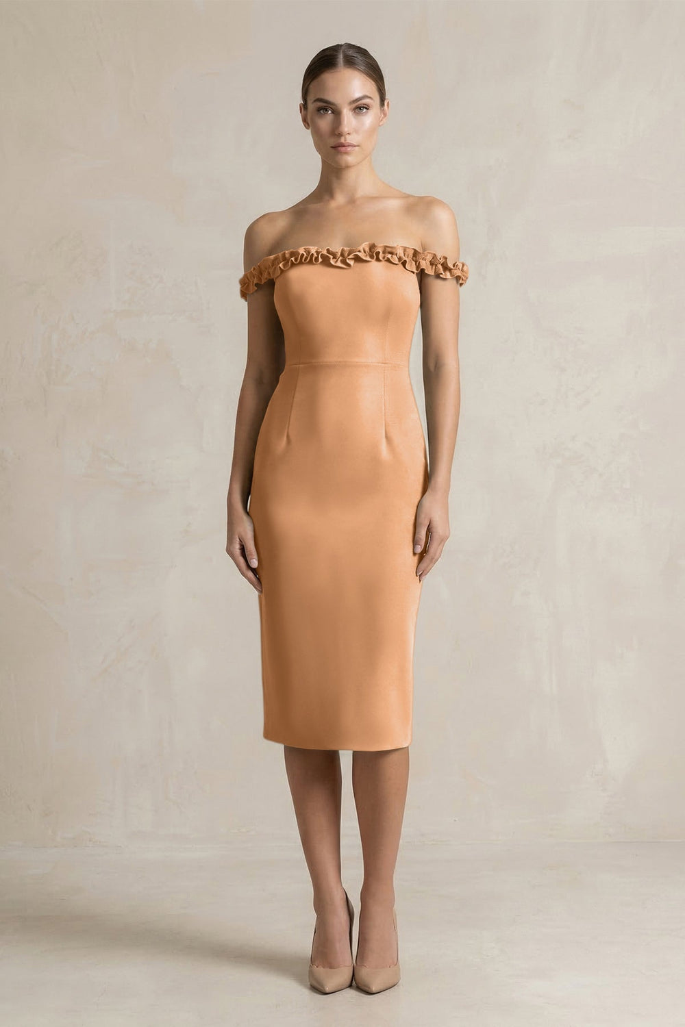 Off - the - Shoulder Sheath Ruffled Midi Bridesmaid Dress in Bronzer - KissProm Bridesmaid Dresses