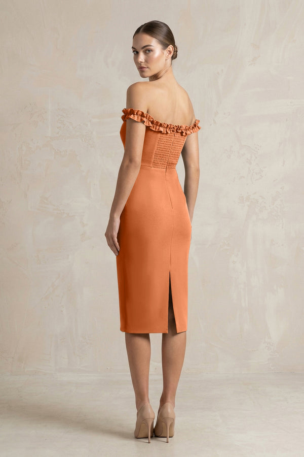 KissProm | Off-the-Shoulder Sheath Ruffled Midi Satin Bridesmaid Dress in  Brown