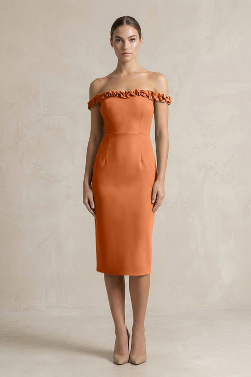 KissProm | Off-the-Shoulder Sheath Ruffled Midi Satin Bridesmaid Dress in Brown KissProm | Off-the-Shoulder Sheath Ruffled Midi Satin Bridesmaid Dress in Brown
