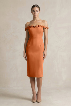 Off - the - Shoulder Sheath Ruffled Midi Bridesmaid Dress in Brown - KissProm Bridesmaid Dresses