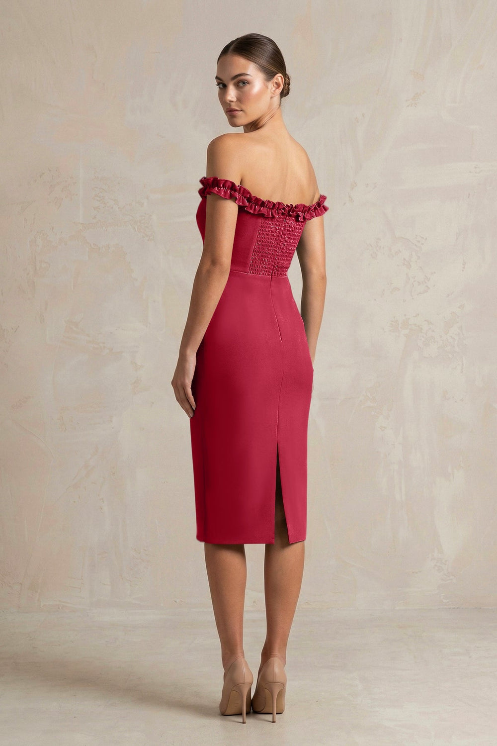 Off - the - Shoulder Sheath Ruffled Midi Bridesmaid Dress in Burgundy - KissProm Bridesmaid Dresses