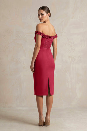 Off - the - Shoulder Sheath Ruffled Midi Bridesmaid Dress in Burgundy - KissProm Bridesmaid Dresses