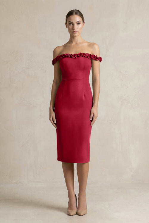 KissProm | Off-the-Shoulder Sheath Ruffled Midi Satin Bridesmaid Dress in Burgundy KissProm | Off-the-Shoulder Sheath Ruffled Midi Satin Bridesmaid Dress in Burgundy