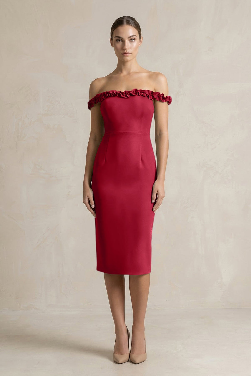 Off - the - Shoulder Sheath Ruffled Midi Bridesmaid Dress in Burgundy - KissProm Bridesmaid Dresses
