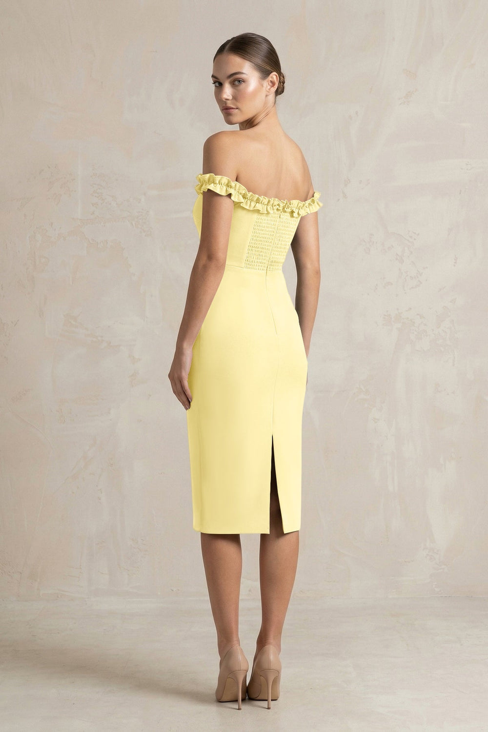 Off - the - Shoulder Sheath Ruffled Midi Bridesmaid Dress in Buttercup - KissProm Bridesmaid Dresses